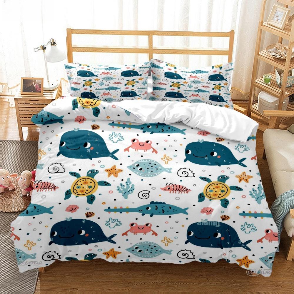 Cartoon Ocean Whale Dolphin Duvet Cover Kids Cute Kawaii Bedding Sets Soft Quilt Cover and Pillowcases Single_Double_Queen_King
