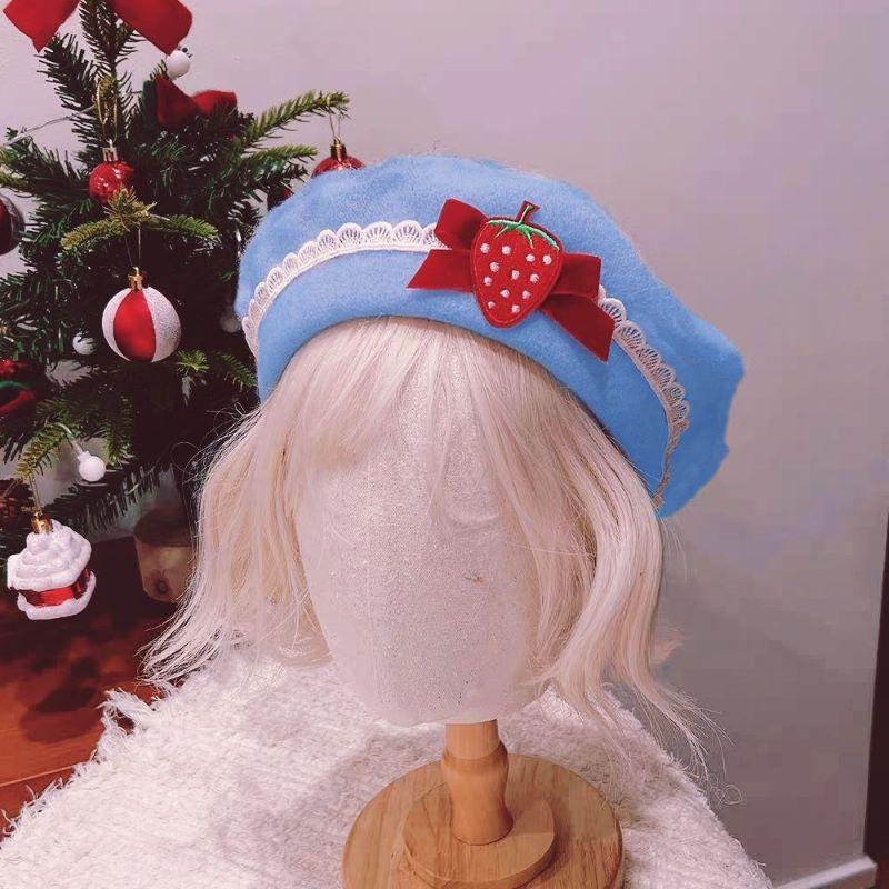 Caps Beret Women Lolita Fashion Luxury Hats Brand Winter Warm 2026 New In Cute Core Lace Strawberry Y2k Hat Lady Caps Beret