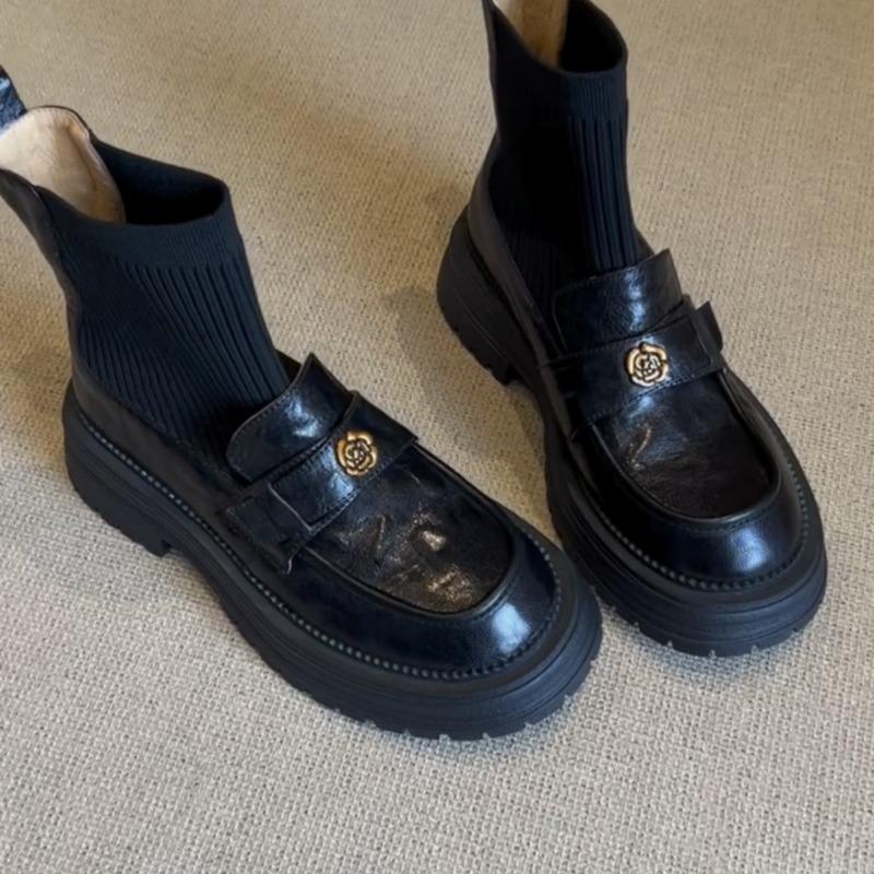 

Camellia knitted elastic lazy thick heel women s thin boots retro style thick-soled British short socks boots 35 чёрный