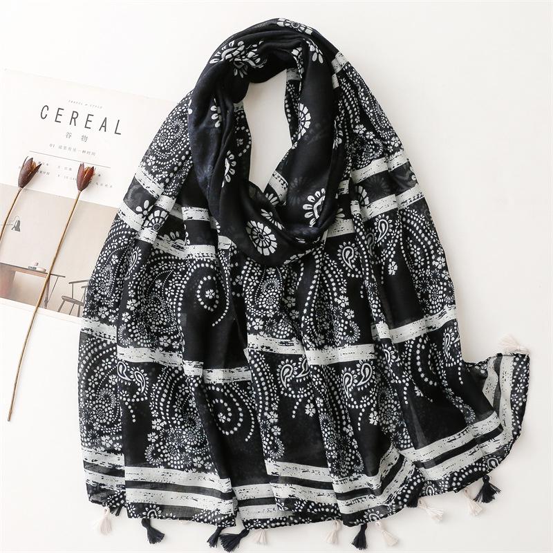 "Bali Yarn Cotton-Linen Scarf: Fresh Solid Color, Fruit Green & Bright Yellow Leaf Print with Tassel Detail"