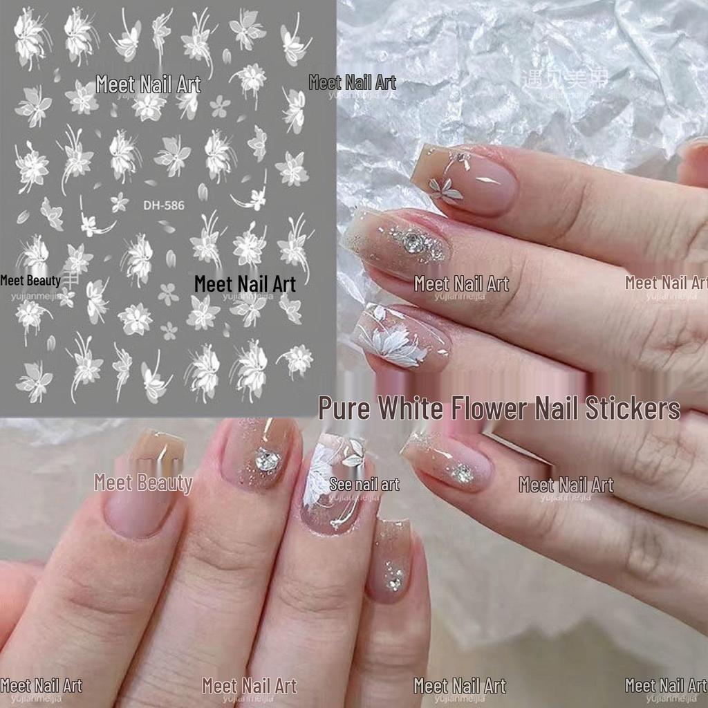 Trending Liquid Pure Desire White Floral Nail Stickers - Hand-Painted Flower Design