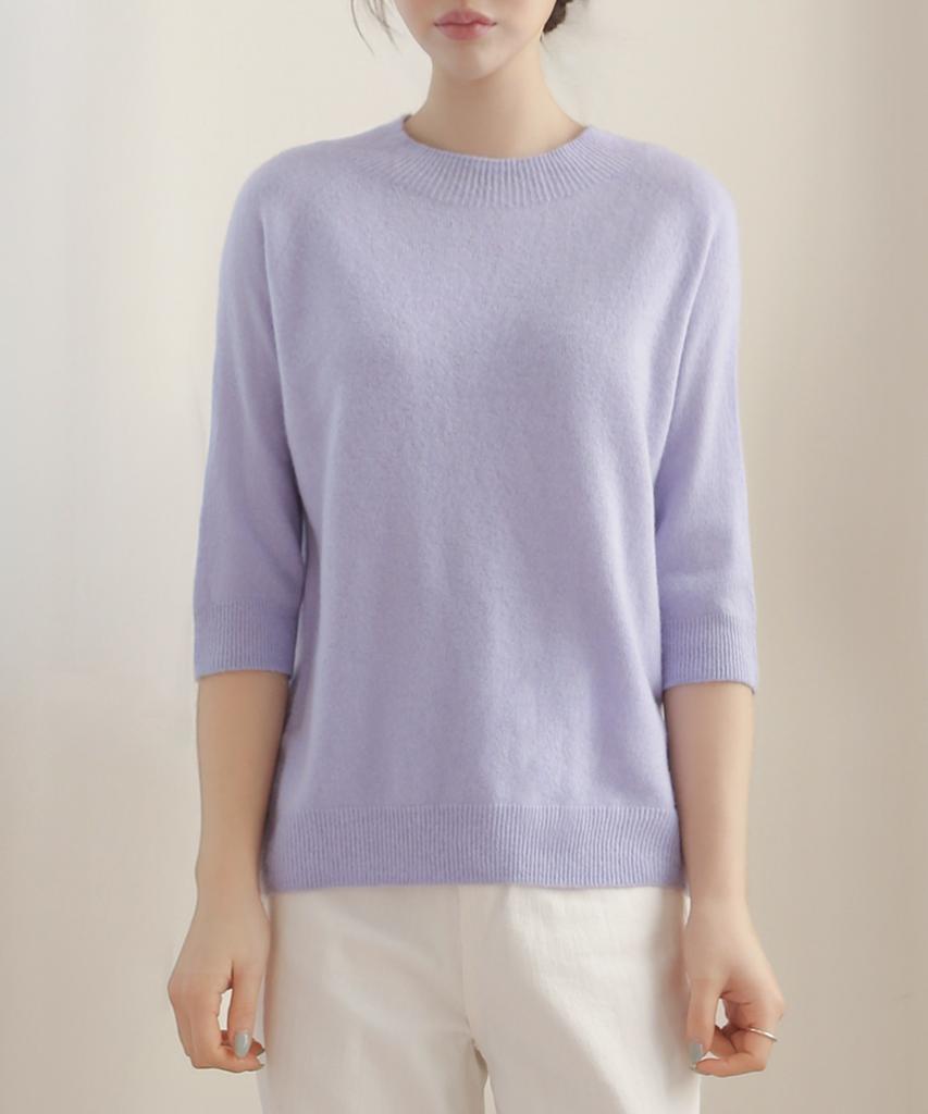 Keulleiseu 100% Wool Round Neck Raglan 3/4 Sleeve Knit_Pink