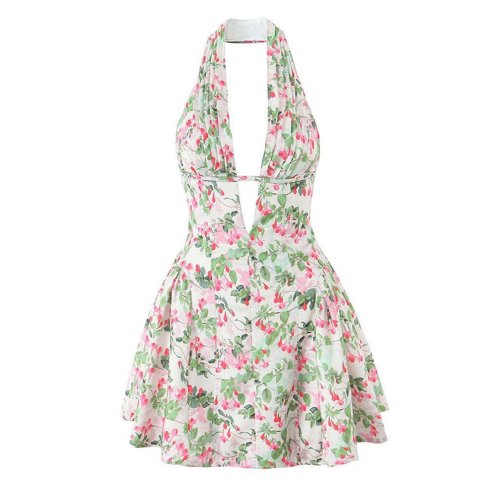 French Style Retro Polka Dot Deep V Halter Dress Women Sexy Backless A-line Slim Sweet Elegant Mini Dresses Summer Robe