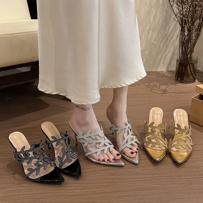 Fashion Summer New 2025 Golden Branches and Jade Leaves High Heels Black Pointed Tip Sexy French Sandals Open-toed Stiletto Tip