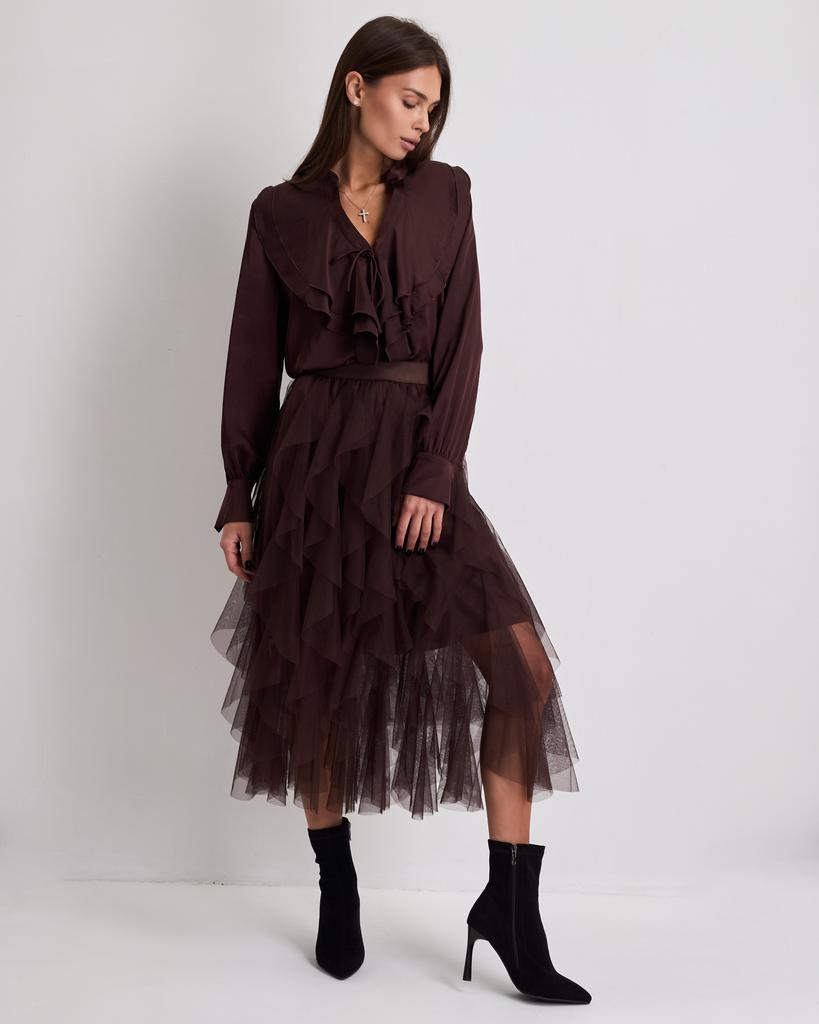 Μακριά φούστα από τούλι με κασκαντέ βολάν MZR 4432 καφέ