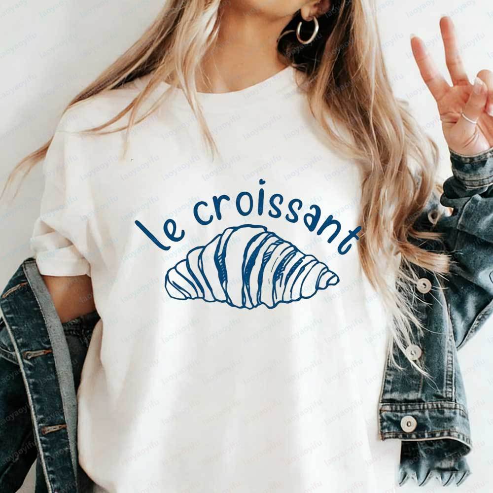 Damen Minimalist Le Croissant T-Shirt Französisch Blau Linienkunst Grafik-T-Shirt Baumwoll-T-Shirt Sommer Ästhetik Pariser Essensliebhaber Oberteile
