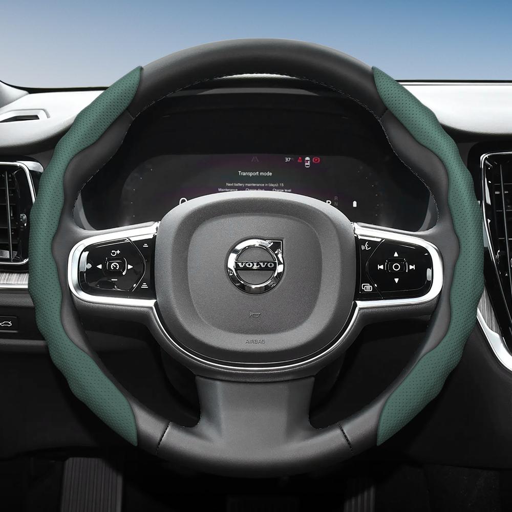 Steering Wheel Cover for Volvo, Wave-Shaped Sporty Design, Breathable Leather, Segmented, Non-Slip, Sweat-Absorb