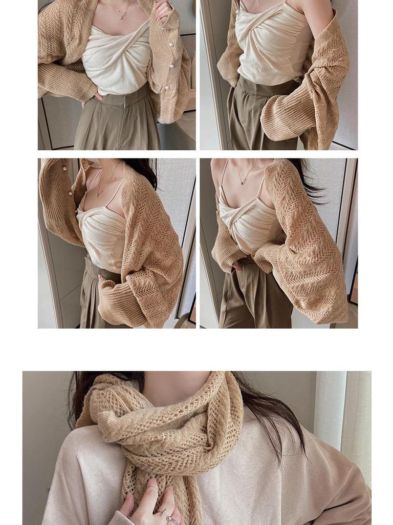 Korean-Style Pearl Sleeve Knit Shawl: Women's Early Autumn Office Cardigan & Two-Way Scarf