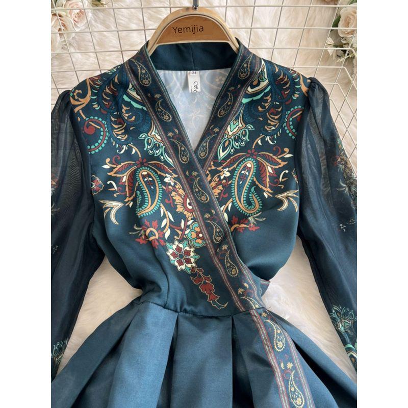 Vintage Court Style Bubble Long Sleeve V Neck Waist-Controlled Lace-up A- Line Printed Dress Elegance Formal Swing Dress Long Skirt