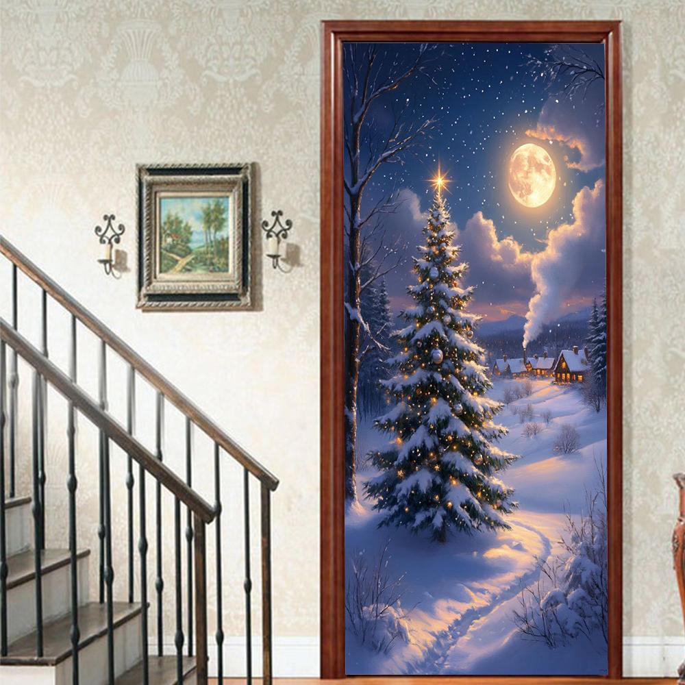 Christmas Tree PVC Self-Adhesive Waterproof Door Sticker Modern Simulation Door Mural Wallpaper Living Room Study Home Decor Art Door Poster