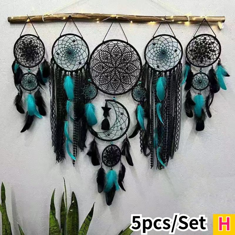 

5pcs Boho Handmade Dreamcatcher Set Vintage Home Wall Artificial Imitation Feather Decorative Wall Hanging Bedroom Decorations