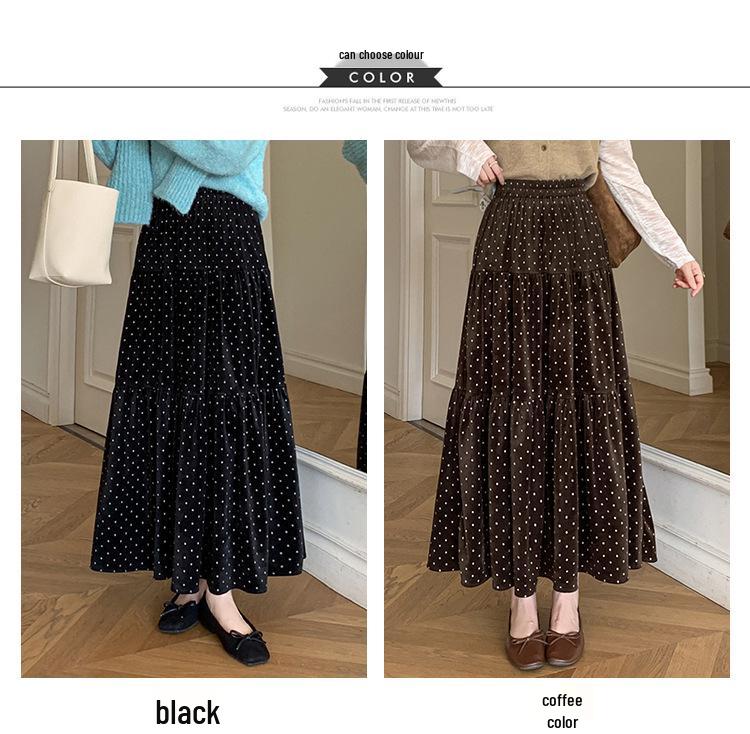 2025 Autumn/Winter Women's Polka Dot Velvet A-line Midi Skirt with Elastic Waist