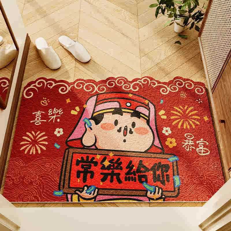 Cute Cartoon God Of Wealth Entrance Door Floor Mat, Non-Slip And Easy To Take Care Of At The Entrance, Silk Ring Foot Pad, Household Dust Removal