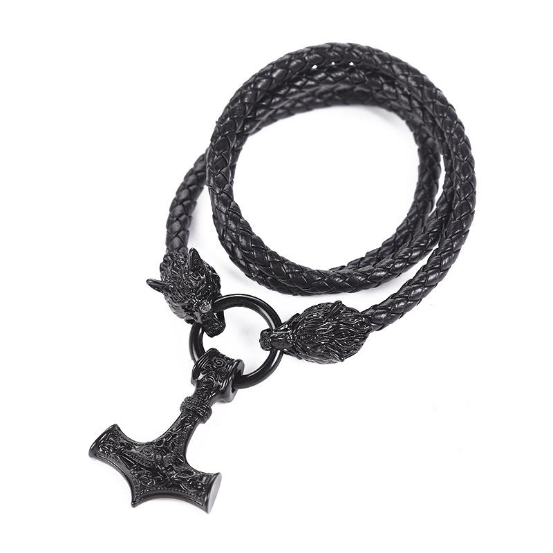 Nordic Viking Leather Necklace Crafted Hammer Celtic Wolf Head Necklace Men's Long Jewelry