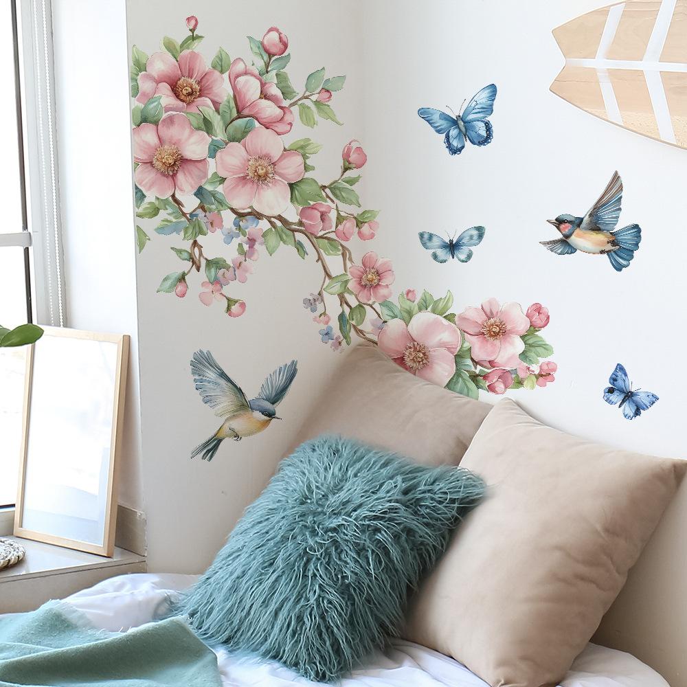 Fiori di Pesco ad Acquerello Rami Foglie Uccelli Farfalle Camera da Letto Soggiorno Abbellimento e Decorazione Casa, Adesivi Murali