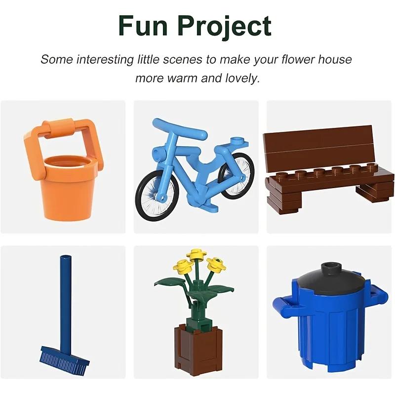 House Flower Building Set With Led Lights City Street Greenhouse Building Block Toy Garden Decor Birthday Gift For Adults Girls