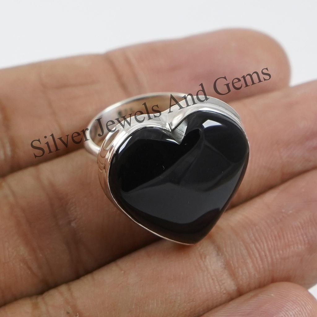 Anello a Cuore in Argento Sterling 925 con Onice Nero, Gioielli Fatti a Mano con Pietre Preziose