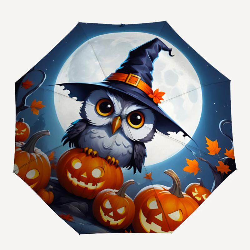 1pc Halloween Owl Automatic Folding Umbrella Compact Lightweight Travel Umbrella with 8-Rib Sturdy Frame, Windproof & Self039
