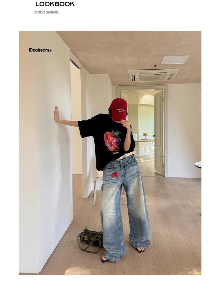 INSS Retro Washed American Style Loose Wide-Leg Denim Pants Women, Floor-Length, Spring 2026 #900501