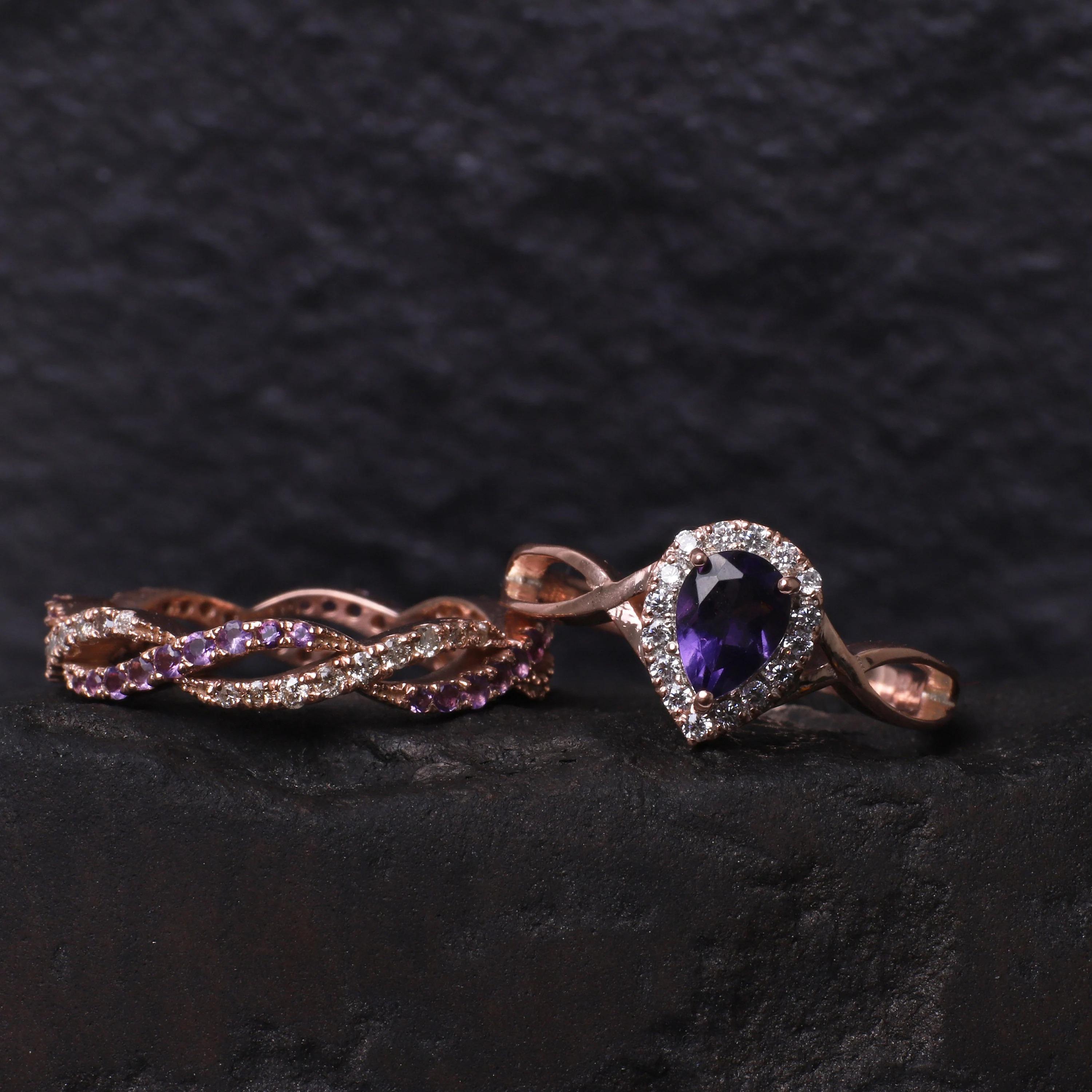 

Кольцо с аметистом огранки «груша» с гало из кубического циркония и витым ободком, набор колец с аметистом, модная бижутерия с покрытием из розового золота для женщин Q