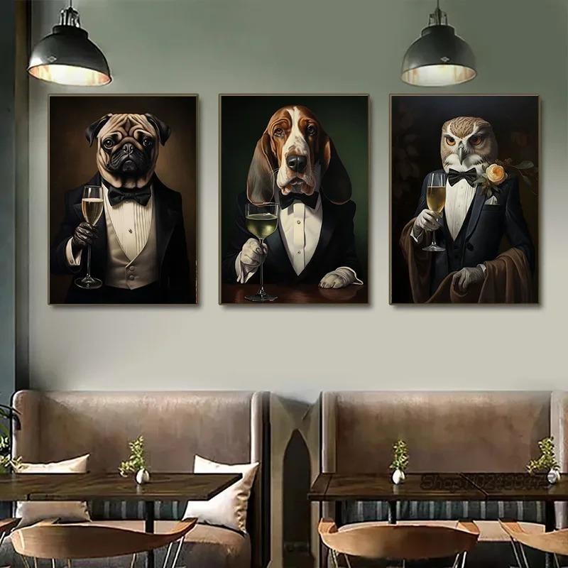 Elegant Animals Raccoon in Tuxedo Owl Pug Suit Poster Canvas Painting Cute Kawaii Wall Art Pictures Living Room Home Decor
