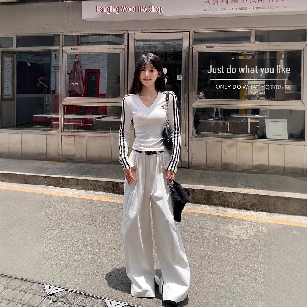 

Women s White Striped V-Neck Long Sleeve Slim Fit Top - Autumn/Spring 2025 L (recommended for 45-52.5 kg) чорний