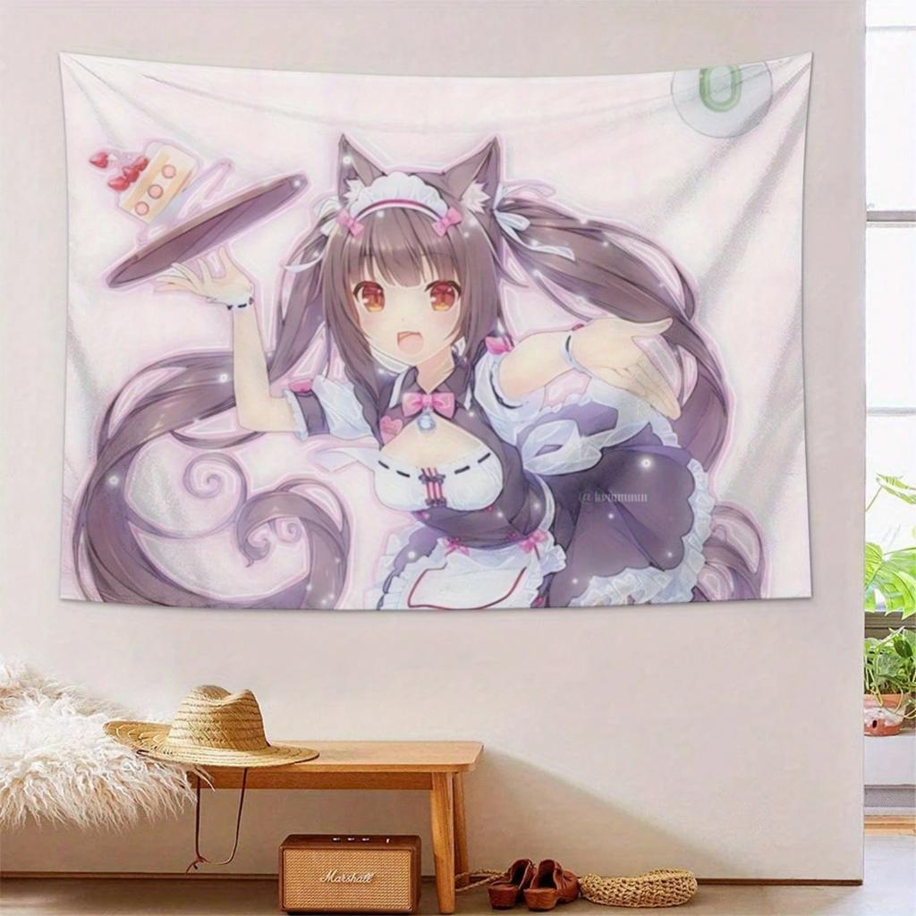 1pc Anime Cat Ear Girl Tapestry Polyester 2D Flat Wall Art for Bedroom Living Room  Stylish Anime Home Decor Gift