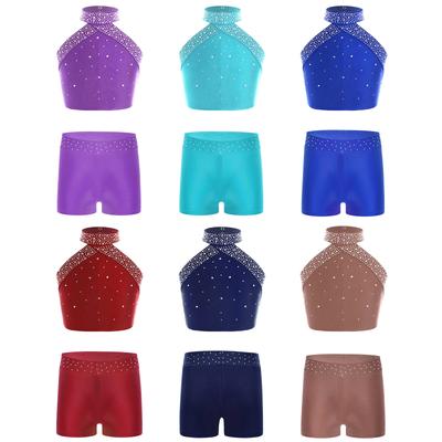 Mädchen Eiskunstlauf-Tanz-Outfits 2-teilig Gymnastik-Ballett-Tanz-Set Neckholder-Bauchweste mit Booty-Shorts Sportkleidung