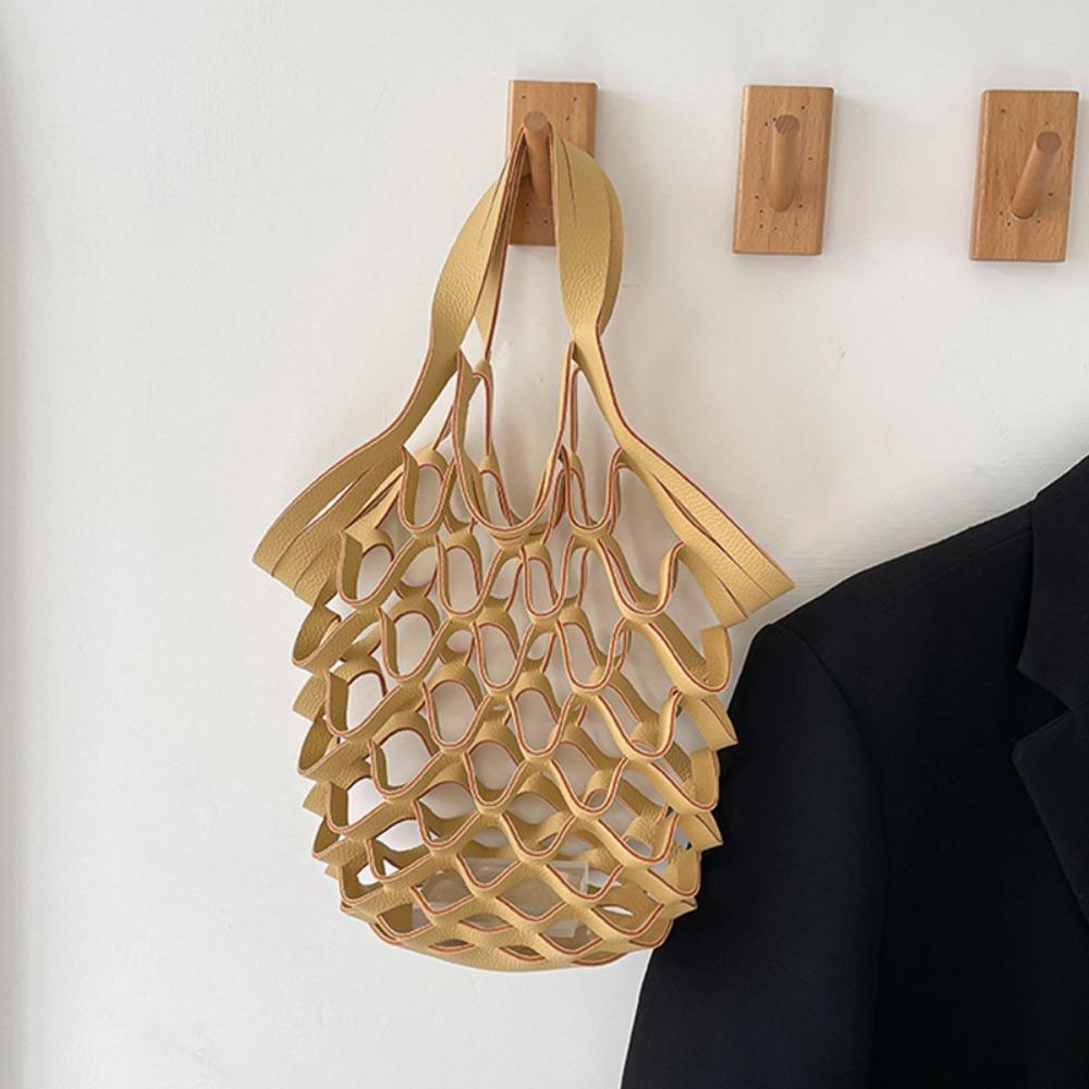 Foldable Leather Folding Tote Bag Large Capacity Woven Handbag Trendy Grocery Bag  Storage