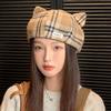 Hat Women's New Style Retro Plaid Cute Cat Ears Beret Japanese Style Autumn and Winter Face Showing Little Painter Hat Trend