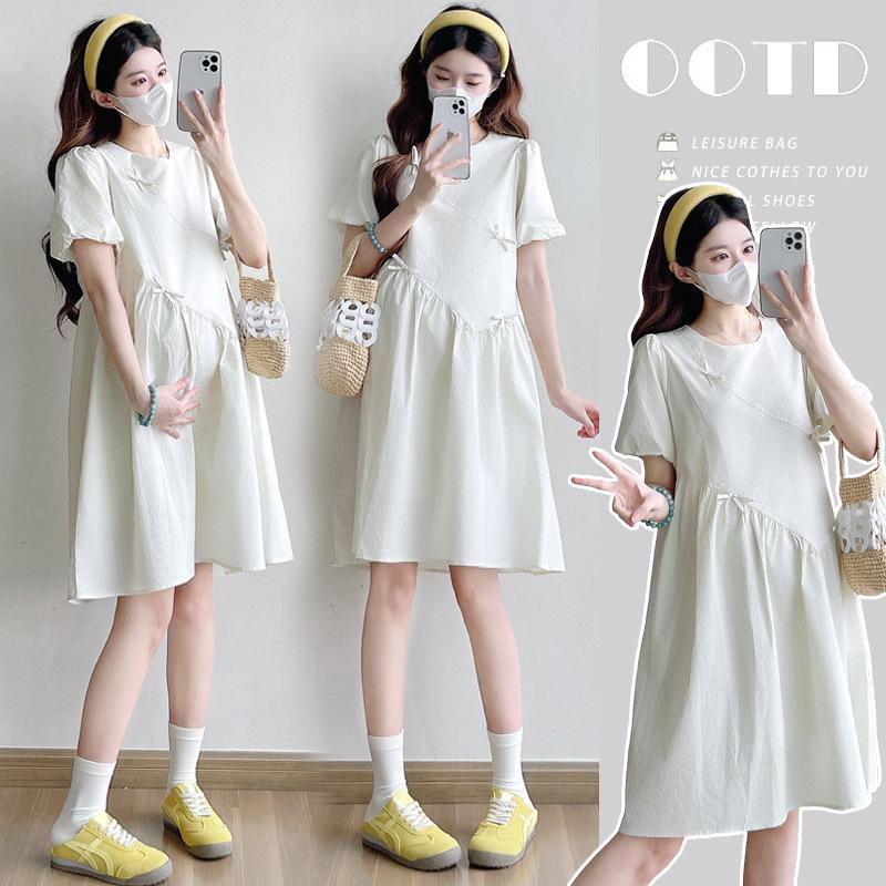 

2026 White Cotton Bow Maternity Dress - Summer Puff Sleeve Short Skirt 2XL слоновая кость/белый