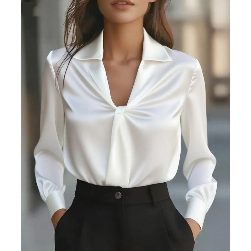 2026 Popular Autumn Fashionable Solid Color Satin Pleated Long-sleeved Shirt for Women