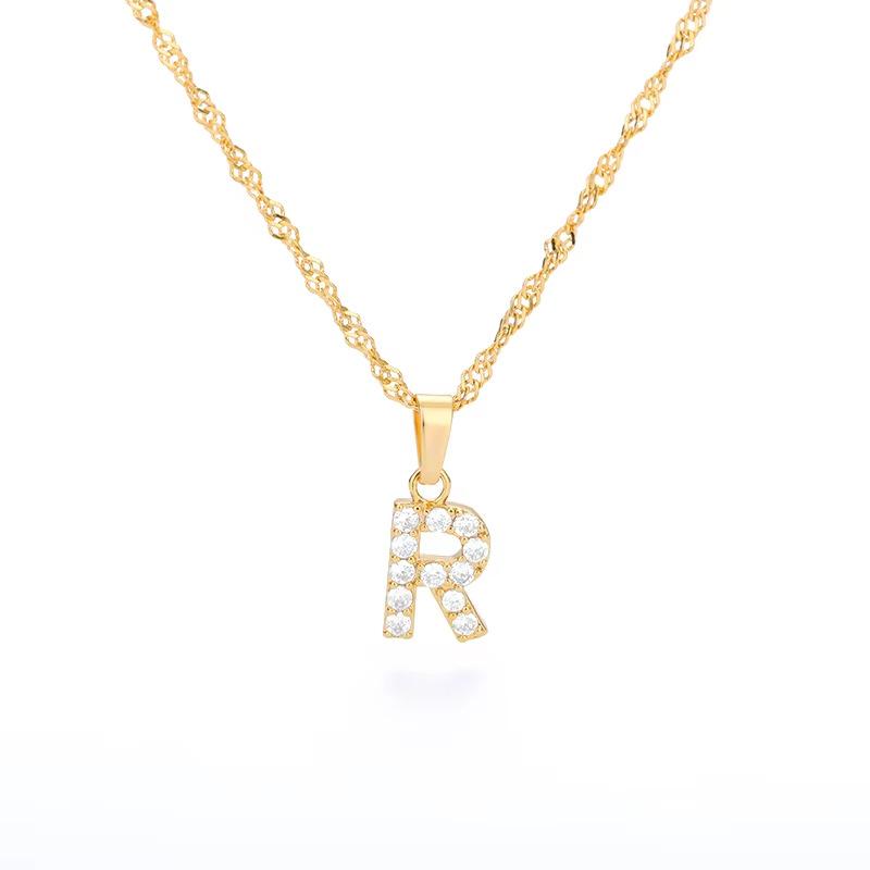 New English letter necklace plated with real gold and slightly inlaid with zircon letter pendant stainless steel chain