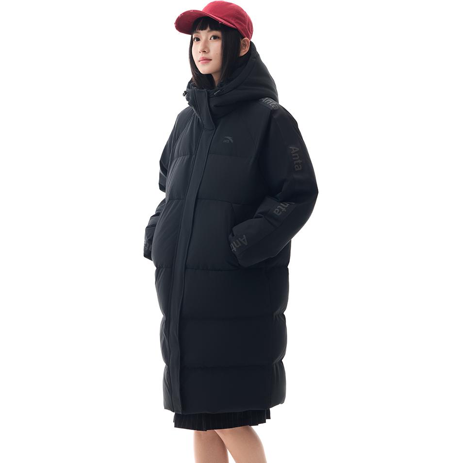 Anta Letter Zipper Hooded Comfortable Breathable Versatile Casual Long Down Jacket Women outerwear Basic-Black 962448902-4