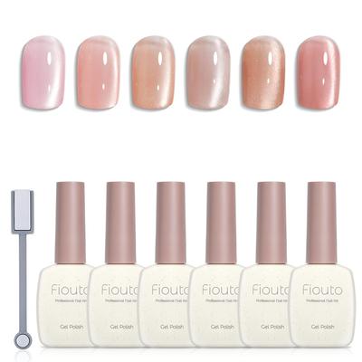 Fiouto Magnetic Nail Gel, 15ml Large Capacity, Cat Eye Gel, UV/LED Compatible, 6-Color Set with Magnets, Fine Particles (Rose Love Magnetic Gel)