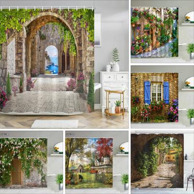 Street Building Scenery Shower Curtain Flower Plant Retro Old Door Summer Rural Landscape Bathroom Curtain Background Wall Decor