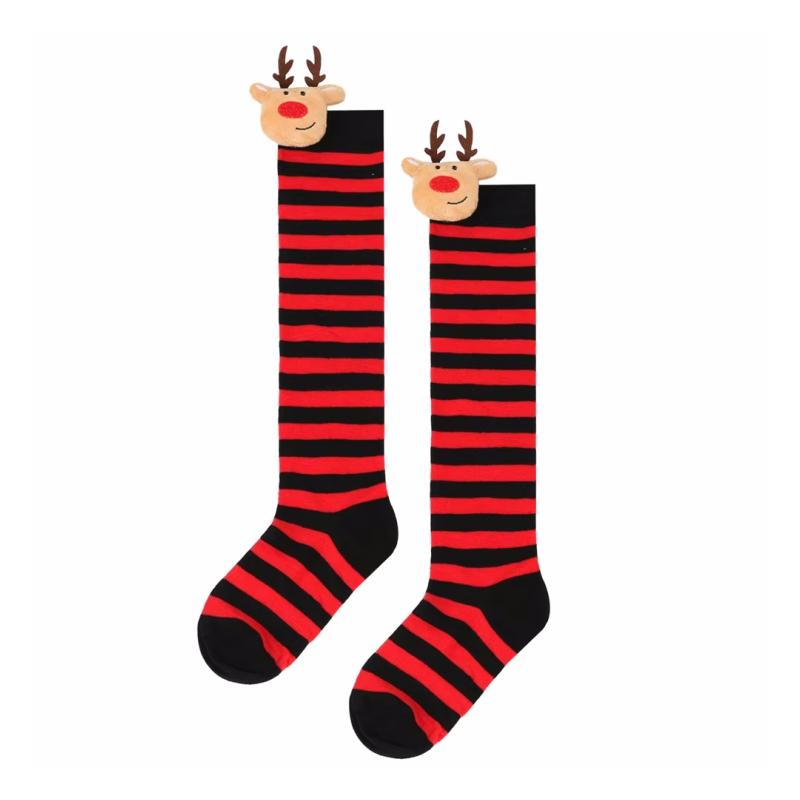 Winter Children's Stockings Striped Christmas Elk Doll High Tube Socks For Girls Boys Knee High Kids Long Sock New Year One Size