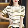 Women Summer Short Sleeve Striped Vintage T-Shirt Hollow Out Elegant Knitted Pullover