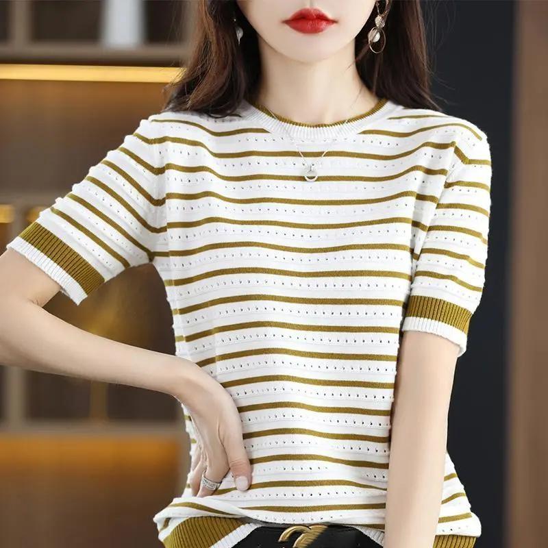 Women Summer Short Sleeve Striped Vintage T-Shirt Hollow Out Elegant Knitted Pullover