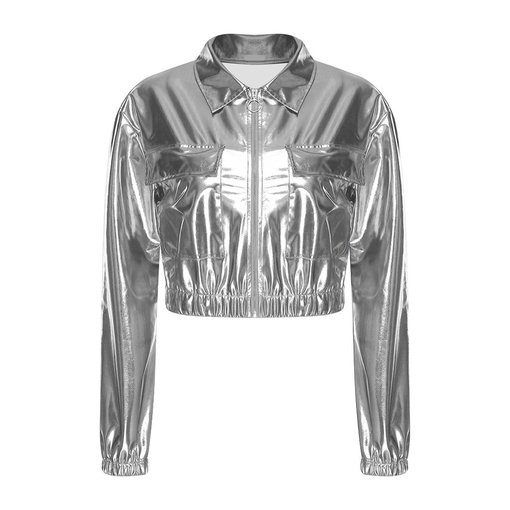 Womens Metallic Shiny Cropped Jacket Lapel Long Sleeve Front Zipper Biker Jacket