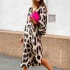 V-Neck Lantern Sleeve Side Split Hem Women Dress Leopard Print Loose Elegant Party Dress Female Clothing