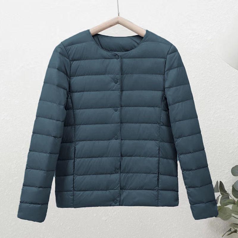 Women's 90% White Duck Down Lightweight Short Jacket - Round Neck, Solid Color, Warm and Collarless for Autumn/Winter