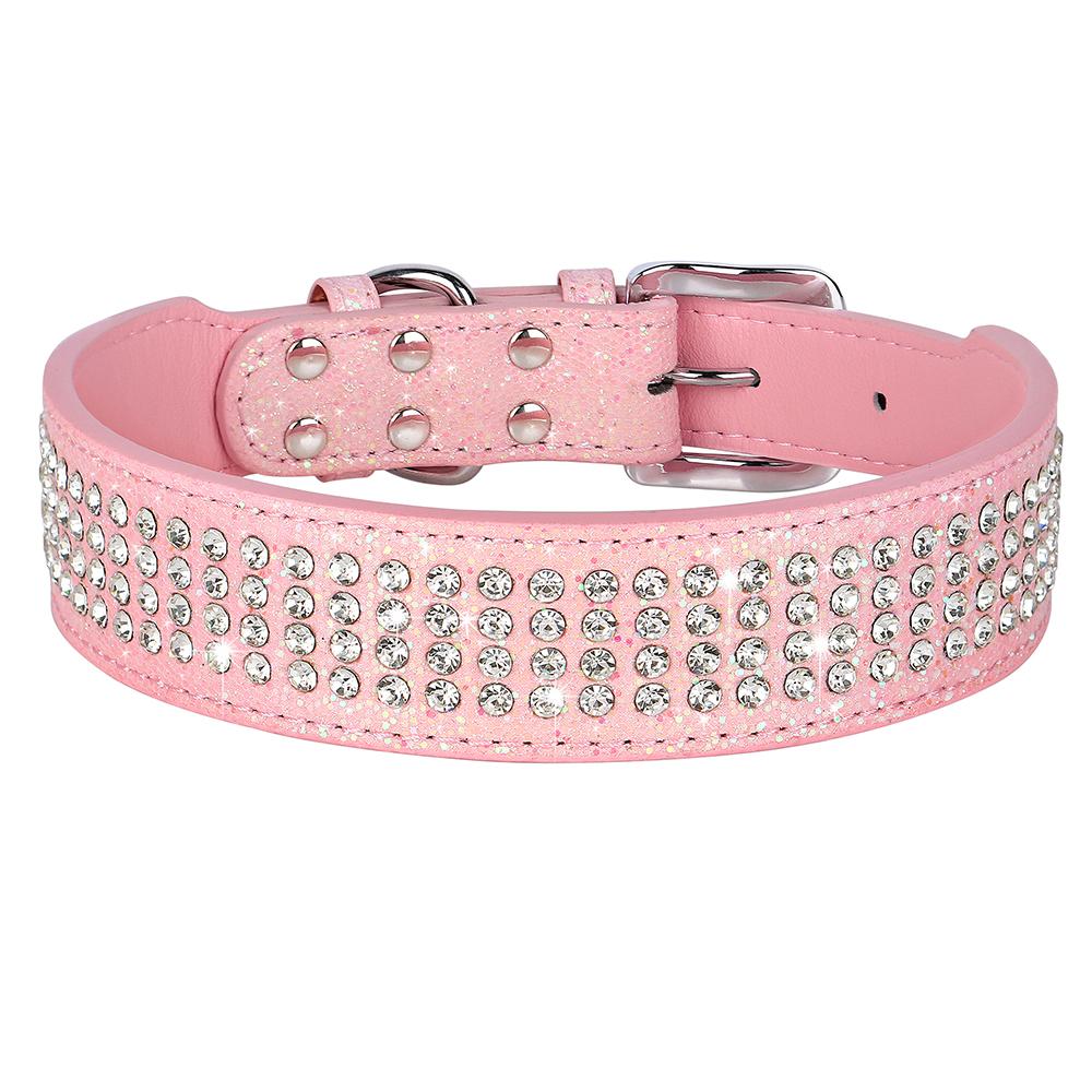 

Rhinestone Leather Dog Collar Bling Crystal Wide Pet Collar 4 Row Full Diamond Dog Collars for Small Medium Large Dogs Pitbull XL рожевий