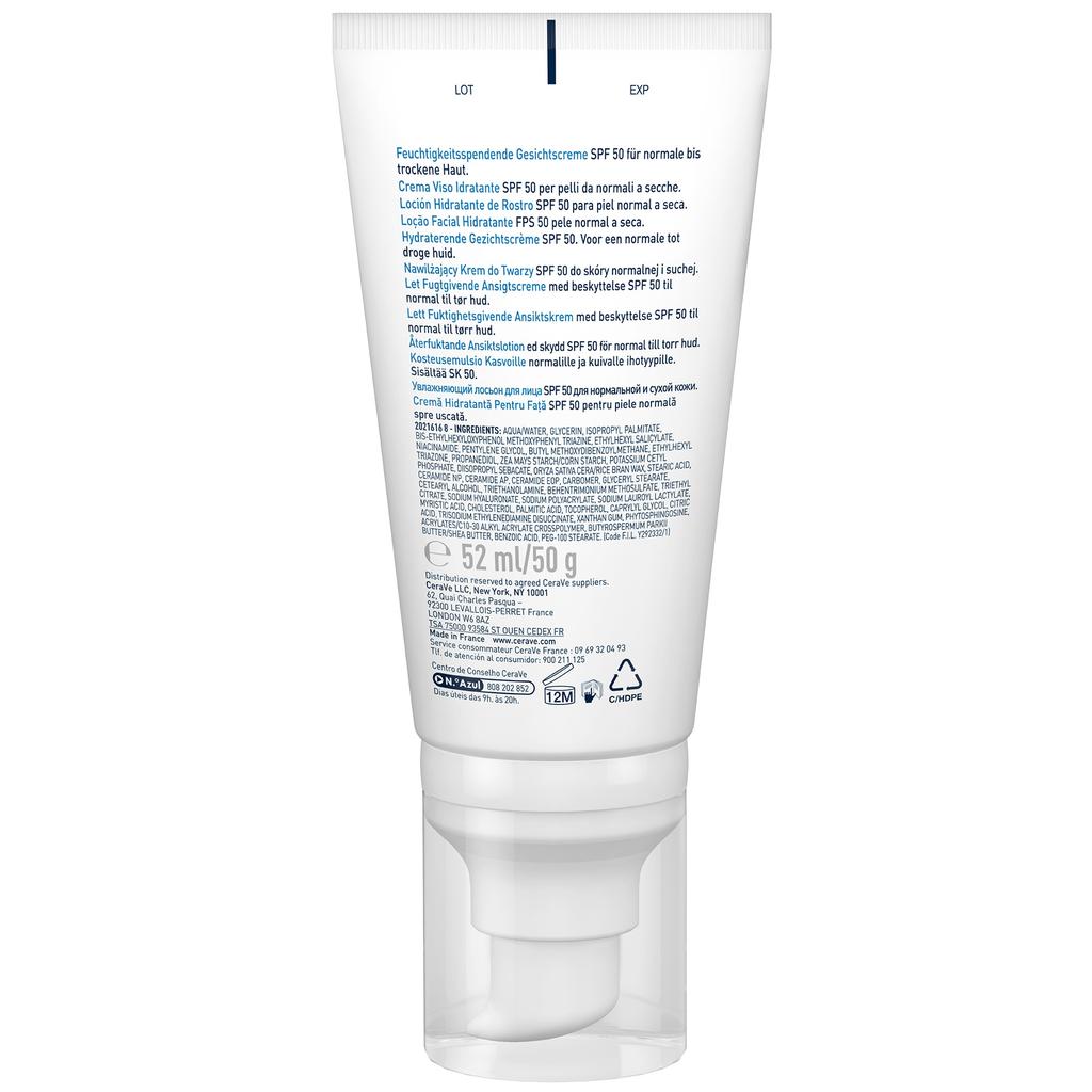 CeraVe Facial Moisturizing Lotion SPF 50 for Normal To Dry Skin, 52 Ml, with Ceramides & Hyaluronic Acid, Broad Spectrum Sunscreen, Oil-Free