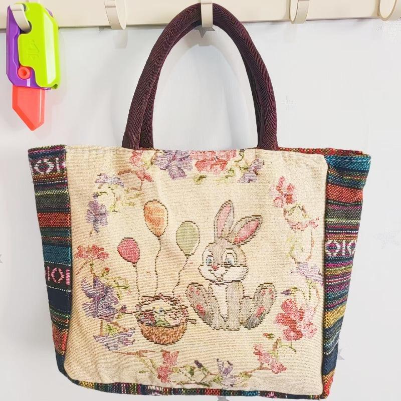 Canvas bag, women's large-capacity double-sided embroidered animal handbag, mommy bag, go shopping, handbag