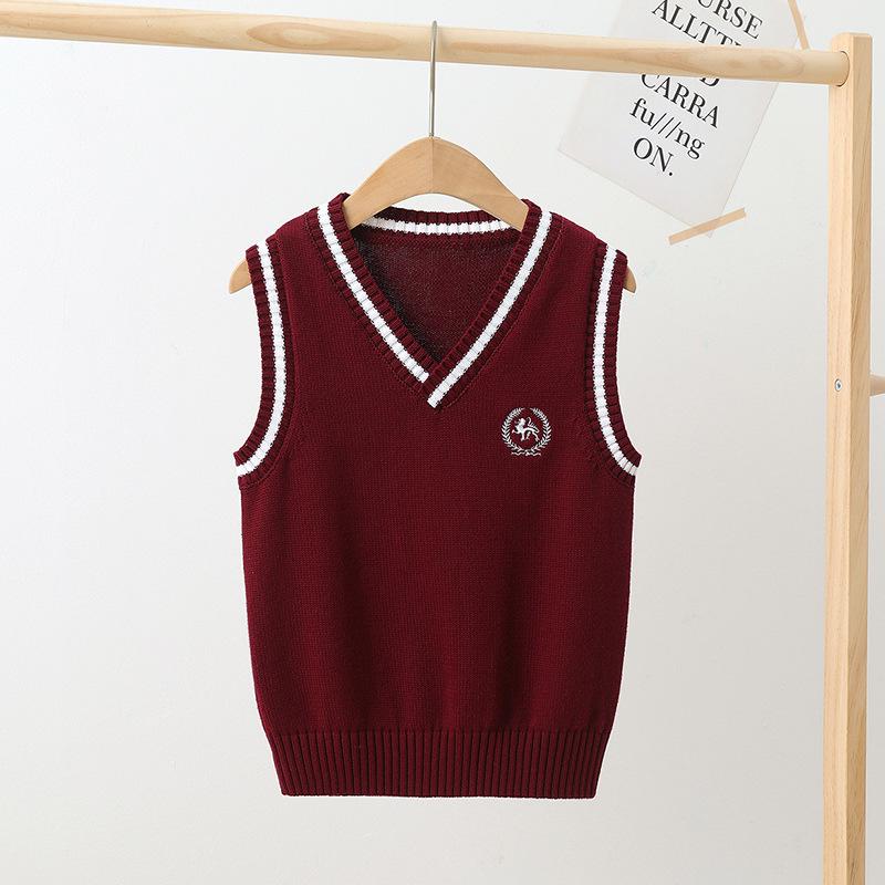 

Детский вязаный жилет в стиле колледжа для весны и осени - Унисекс пуловер для детского сада и начальной школы 120 cm бордовый