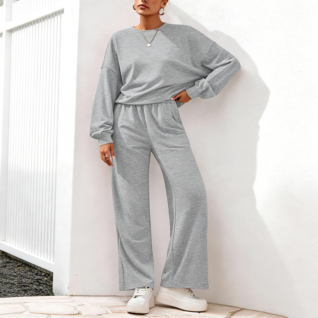 Women's 2 Piece Outfit Crewneck Sweatshirt and Wide Leg Pants for Casual Loungewear
