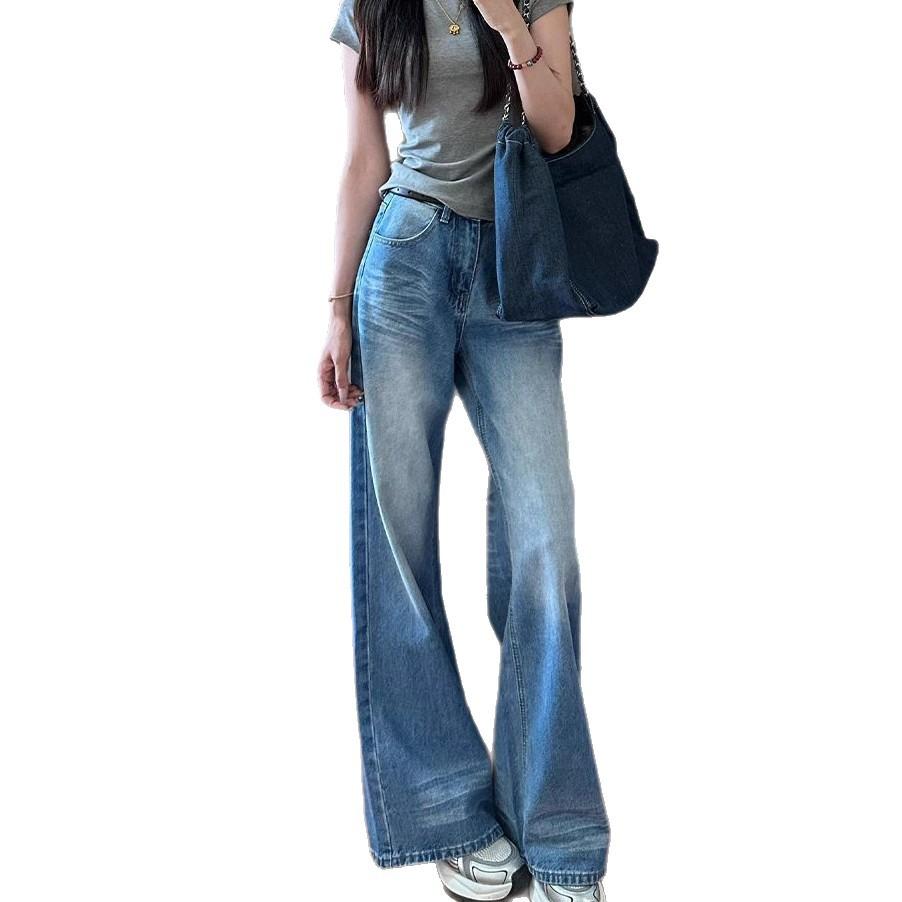 Large Size Do Old Crease Jeans Women Blue Straight Washed High Waist Drape Loose Skinny Wide Leg Dragging Trousers Jeans for Women Long Denim Pants