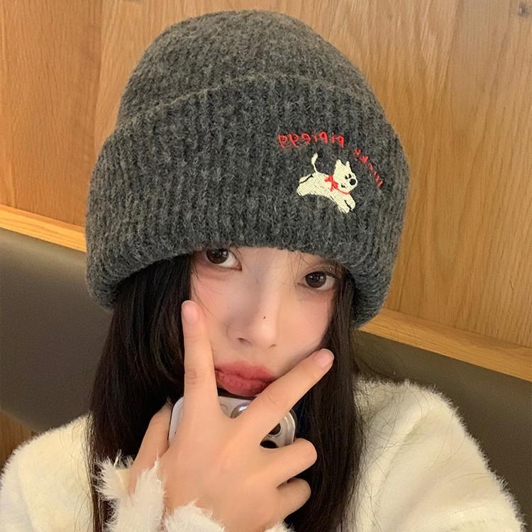 Cute Puppy Embroidered Knitted Wool Hat Children Autumn and Winter Versatile Big Head Circumference Showing Small Face Warm Bag Head Cold Hat