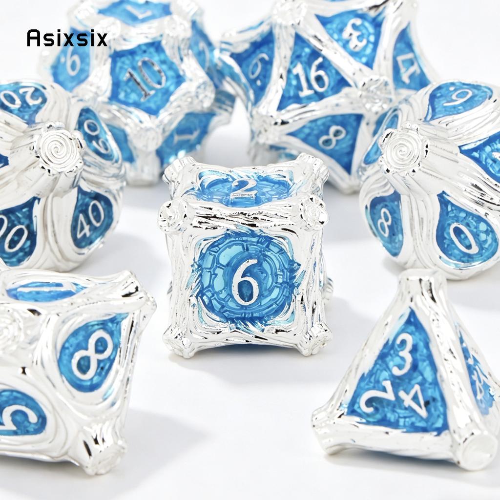 7 Pcs White Blue Tree Vine Metal Dice Solid Metal Polyhedral Dice Set Suitable for Role-Playing RPG Board Game Dice RPG